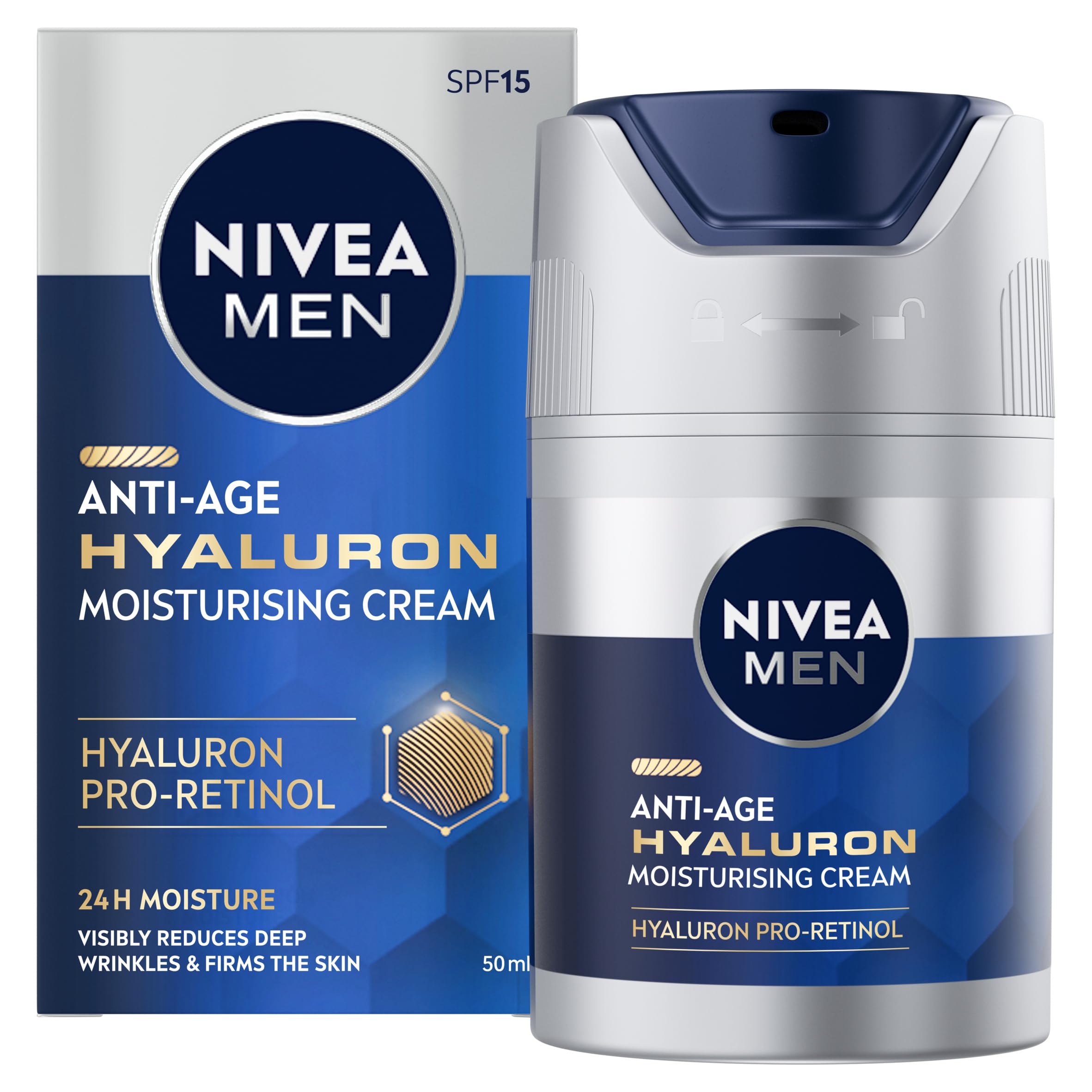 NIVEA MEN Anti-Age Hyaluron SPF15 Moisturising Cream (50ml), Anti-Wrinkle Face Cream with Hyaluronic Acid and Pro-Retinol, Visibly Reduces Deep Wrinkles and Firms Skin