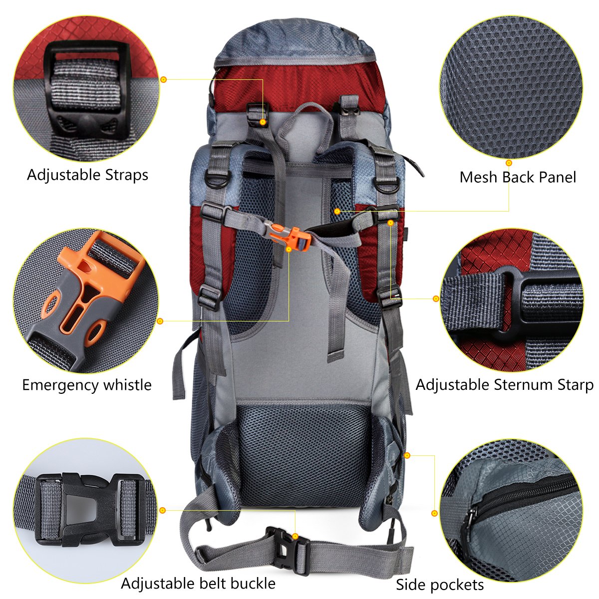 60+5L Water Resistant Hiking Backpack Outdoor Bag for Camping Climbing Mountaineering Travel Daypack Size 12.2\'\'x 9.8\'\'x 29.9\'\' (Red)