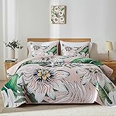 Yogeneg Queen Quilt Bedding Set,White Green Botanical Pattern Blush Full/Queen Quilt Set,3 Piece Lightweight Soft Summer Bedspread Coverlet with 2 PIillow Shams,All Season(Blush,90"x96")