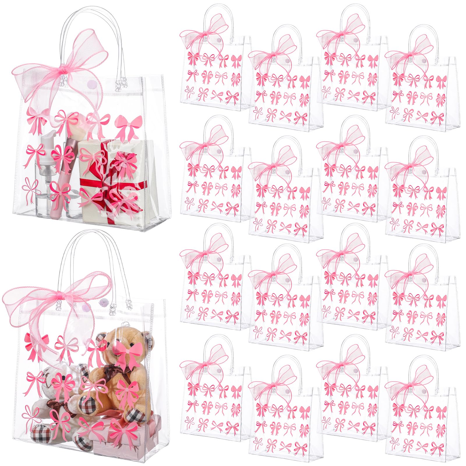 Photo 1 of Kolldenn 24 Pcs Pink Bow Clear PVC Gift Bags with Handle Ribbon Pink Coquette Bowknot Bow Party Favors Bags for Wedding Bridal Birthday Baby Shower Valentine's Day Mother's Day Party Decoration Favors