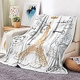 Hajmsug Paris Throw Blankets, Eiffel Tower Unisex Cozy Warm Bed Couch Blanket, Golden Lettering European Retro Stamp Art Modern White Fleece Flannel Throws to Decorate Room Bedroom Camping Travel