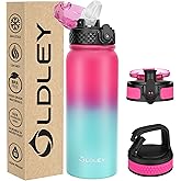 Oldley Insulated Water Bottle 20oz Water Bottles with Straw, Stainless Steel Water Bottle with 3 Lids, Double Wall Vacuum Bottels for Adults School Kids,Leak-Proof Sport Bottles, Rose Red-Green