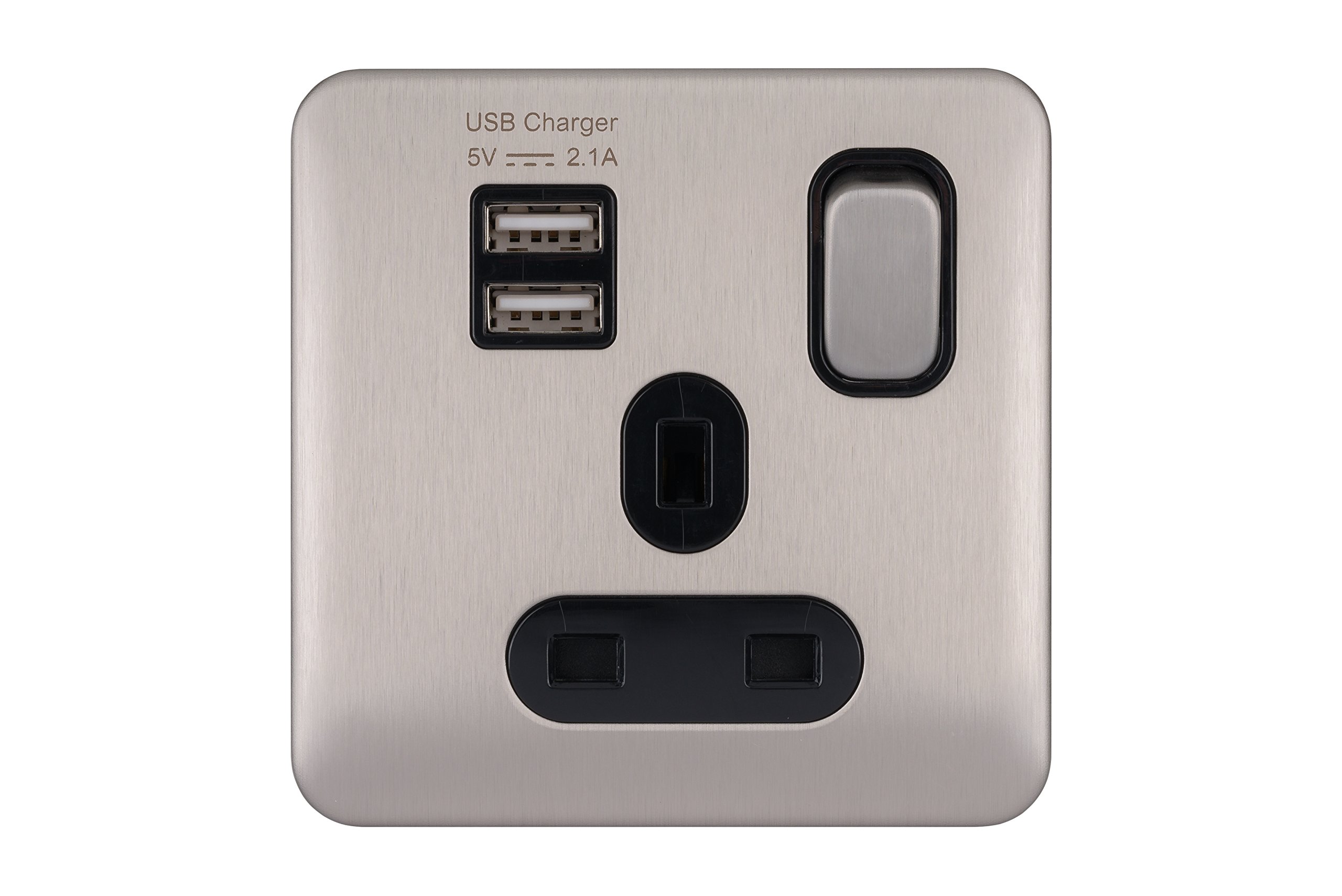 Schneider Electric GGBL30102USBABSSS Lisse Screwless Deco 1G 13A Sw SO SP w/2USB Bss, 240 V, Stainless Steel/Black