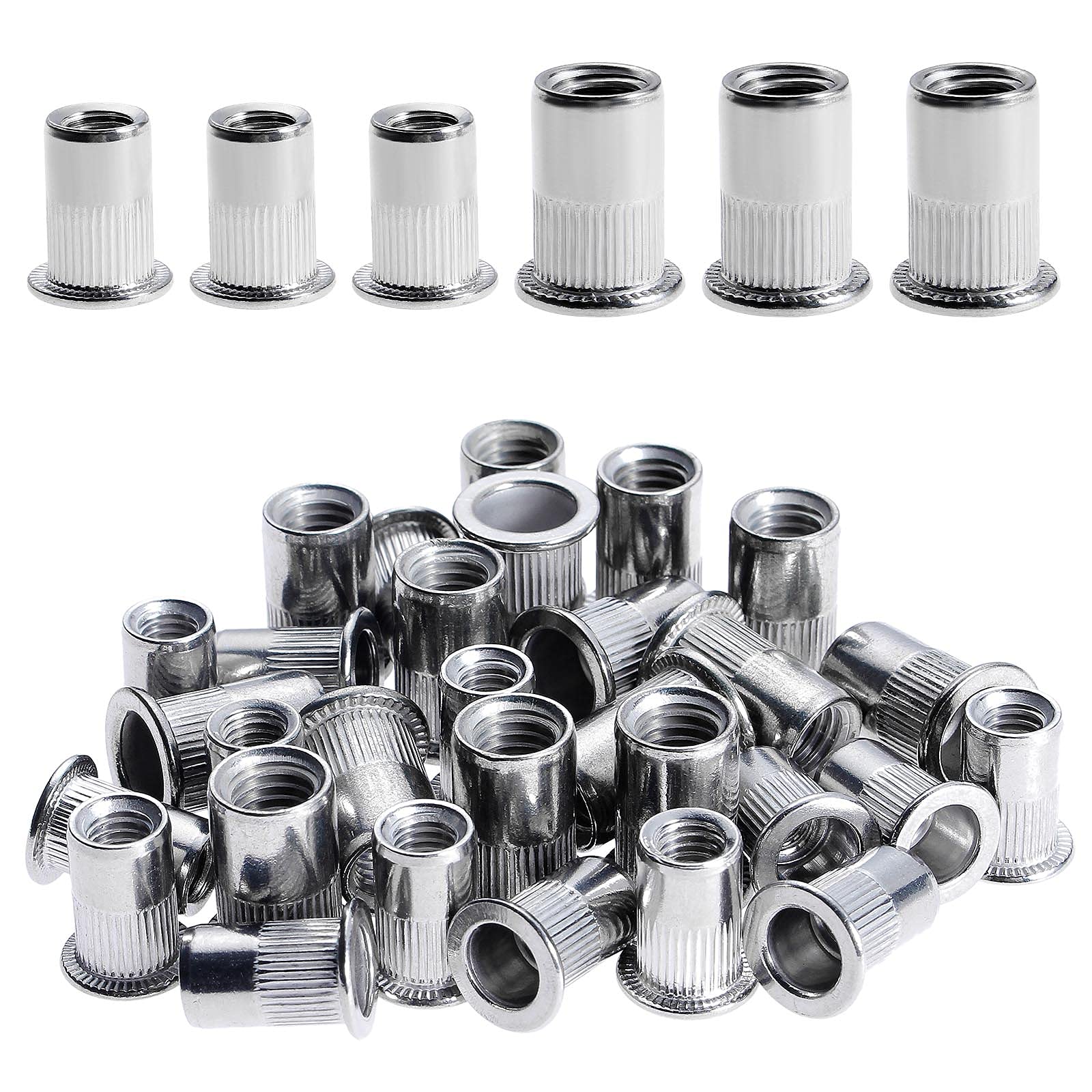 Gueenky 100PCS M6 M8 Rivet Nuts, M8 M6 Nutsert Stainless Steel, Flat Head M6 M8 Threaded Rivets Nutsert for Wood Furniture — image 1