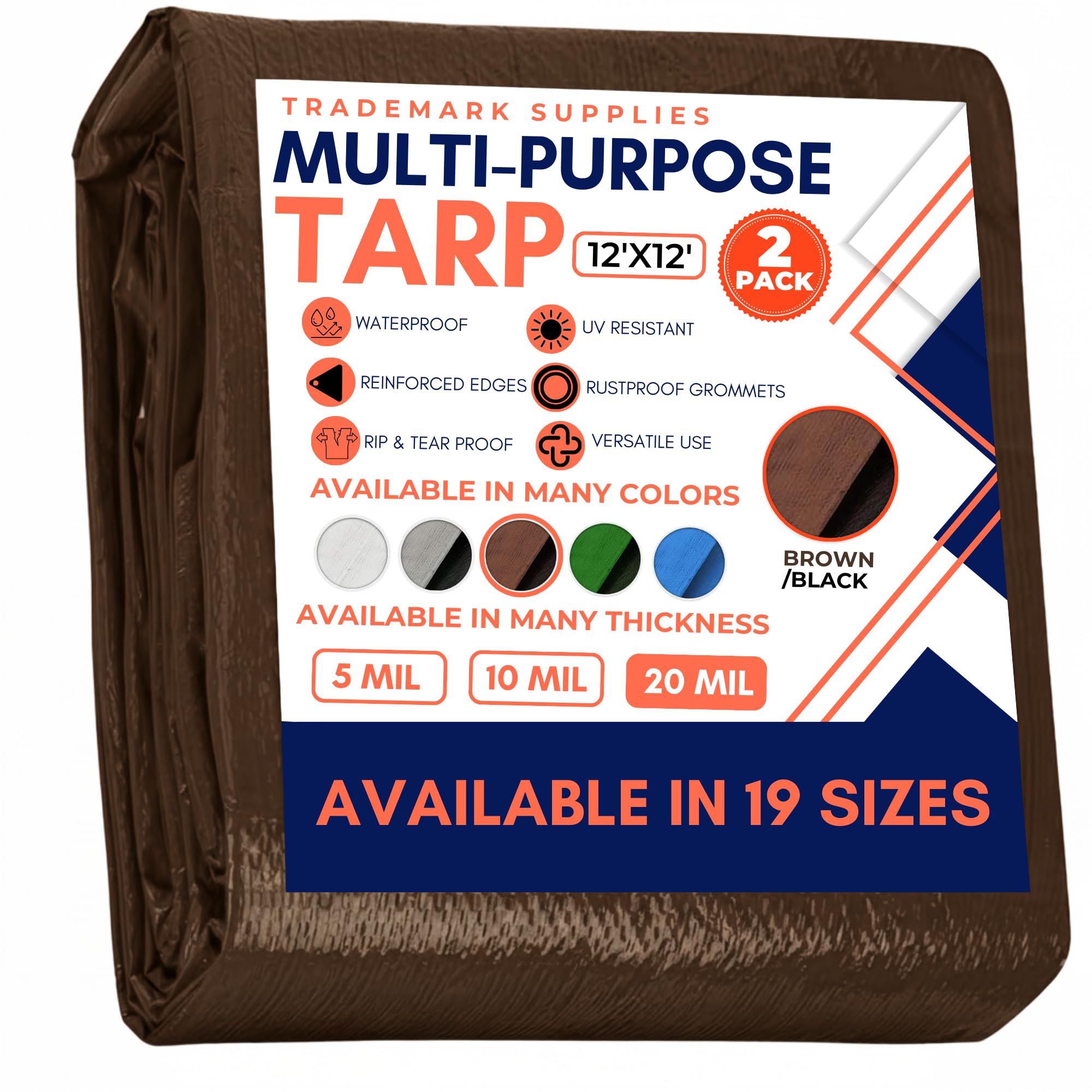 Tarp Cover Brown/Black 2-Pack Heavy Duty 20 Mill Thick Material, Waterproof, 12'X'12,Great for Tarpaulin Canopy Tent, Boat, RV Or Pool Cover (Poly Tarp 12X12, Ultra Thick)