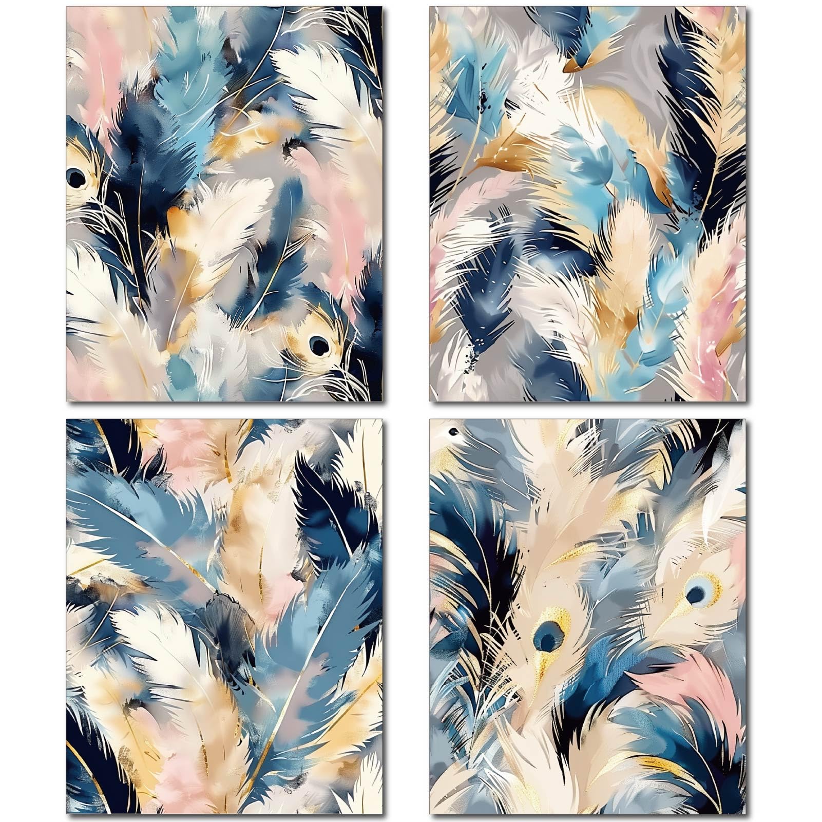 CREATCABIN 4Pcs Feather Wall Art Abstract Prints Canvas Poster Picture Wall Decorations Canvas Wall Art Fiber Oil for Home Living Room Bathroom Bedroom Office Decor 10x8Inch-Unframed
