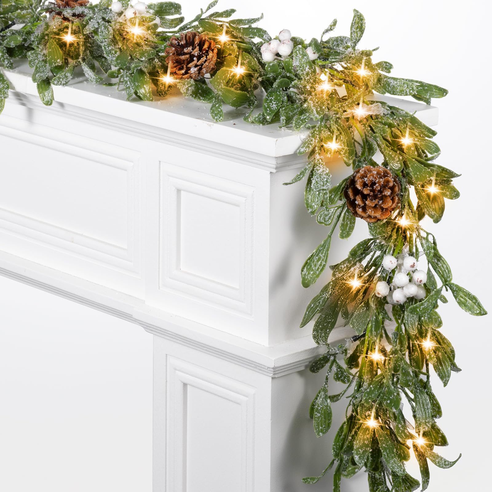 Photo 1 of 6.5FT Christmas Garland with Lights & Timer, 25 LED Pre-lit Lighted White Berry Garland for Mantle, Battery Operated Greenery Mistletoe Garland with Snow Pinecone for Fireplace Door Stairs Table