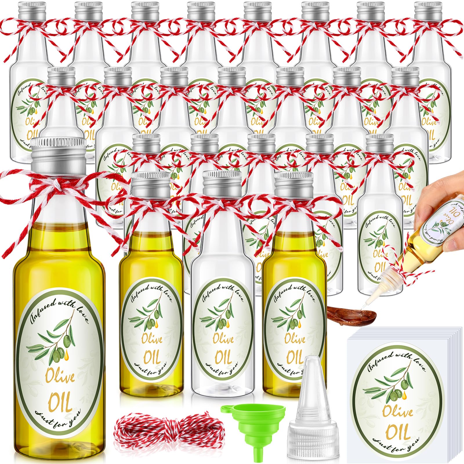 Photo 1 of 12 Set Mini Plastic Olive Oil Bottles 1. 7 oz Tiny Small Clear Empty Condiment Dispenser Bottles with Tip Cap, Pour Spout Lids and Labels for Milk Juice Sauce Storage for Baby Shower Party Favors