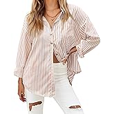 HOTOUCH Women's Striped Button Down Shirts Dressy Casual Long Sleeve Stylish V Neck Blouses Tops with Pocket Orange
