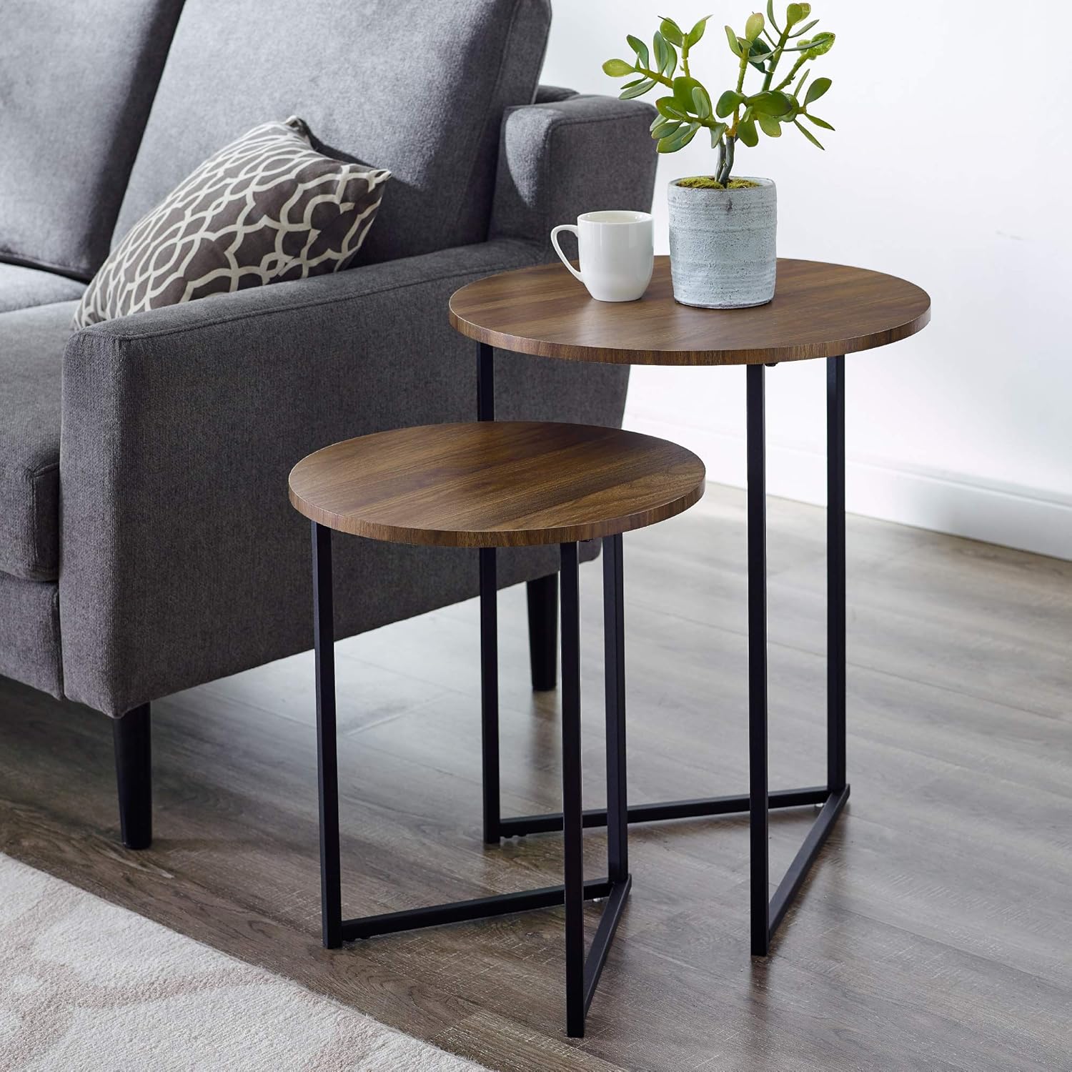 Walker Edison Furniture Company Modern Round Metal Base Nesting Set Side Accent Living Room Storage Small End Table, Set of 2, Walnut Brown: Furniture & Decor