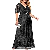 Plus Size Formal Dresses - Evening Gown Sparkly Sequin Glitter Prom Gala Ball Wedding Guest Maxi Dress with Short Sleeve
