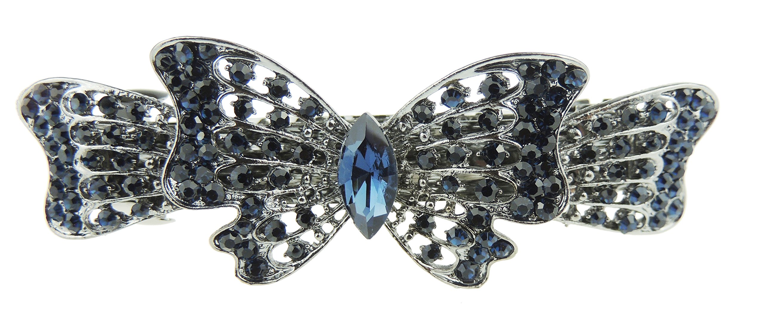 Ladies 9cm Vintage Look Crystal Hair Barrette Grey Butterfly (Dark Blue)