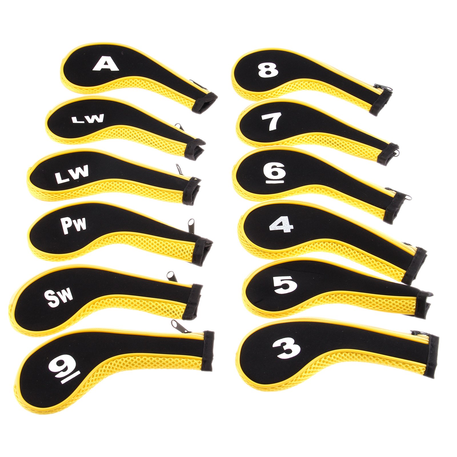 Golf Club Head Cover Yellow Neoprene Long Number Printed Zipper Club Head Protective Cover (12pcs/set)