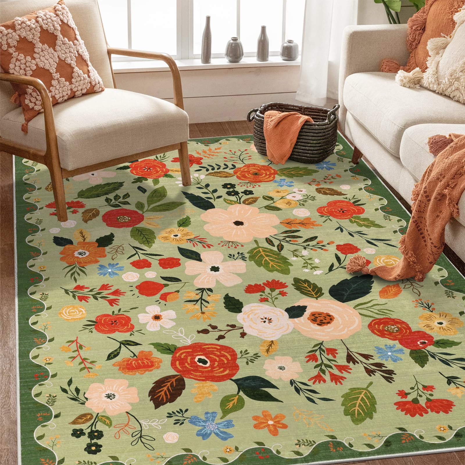 U'Artlines 5x7ft Vintage Floral Area Rug Machine Washable Ultra Soft Low Pile Non Slip Non Shedding Accent Floor Carpet for Living Room, Bedroom, Dining Room, Office (Green) Image