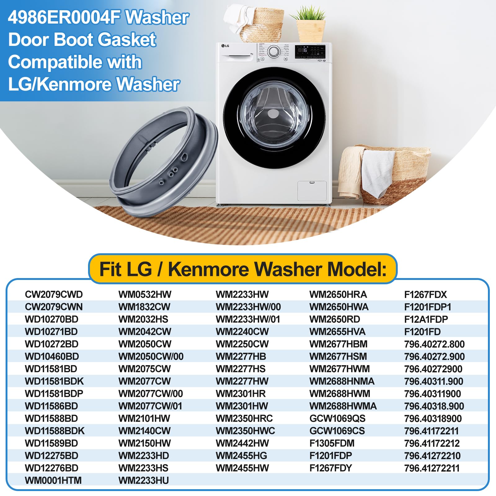 Upgraded 4986ER0004F Washer Door Gasket Boot Seal Compatible with LG Front Load Washer Door Seal, Length: 17.2 inch, Kenmore Door Boot Seal Parts WM2250CW, WM2101HW, WM2050CW, WM2301HR Door Seal