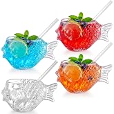 Acellegic 4 Set Fish Tiki Glasses, 11.8 oz Cocktail Glasses with Straws | Clear Drink Tumblers, Funny Whiskey Mugs, Unique Wine Drinks, Ocean Theme Barware, Beach Party Decor, Wedding Home Decor