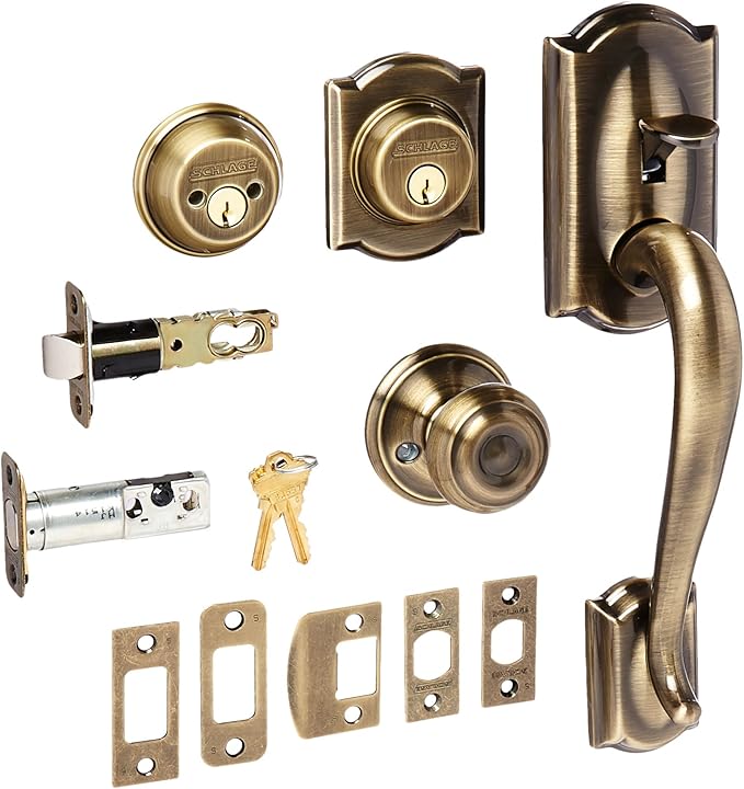 Schlage F62CAM609GEO Antique Brass Camelot Double Cylinder Handleset