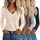Neer 4 Pack Women's T-Shirts V Neck Long Sleeve Casual Tops Loose Fit Basic Layering Shirts Straight Hem Plain Soft Tees