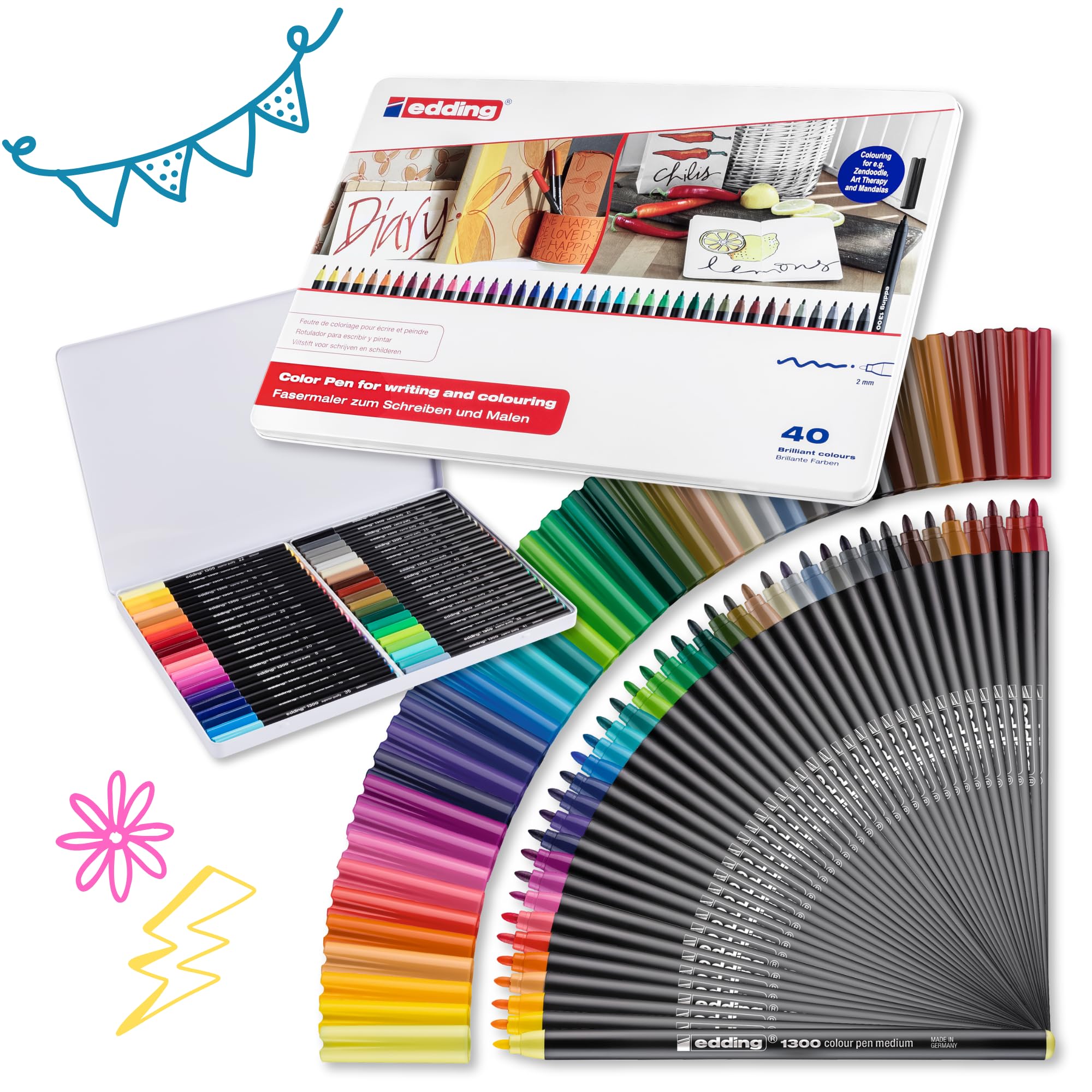 edding 1300 colour pen medium - multi-coloured - 40 pens - round nib 2 mm - felt pens for drawing and writing - felt pens for school, mandalas, bullet journals — image 1