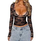 Women Y2k Lace Off The Shoulder Shirt Long Sleeve Mesh Crop Top See Through Slim Fit Sheer Tee Shirts Streetwear