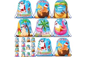 Sunnymove 18 Pcs Christmas Drawstring Gift Bags Christmas Santa Claus Snowman Drawstring Backpack Gingerbread Man Flamingo Snack Treat Bags for Xmas Holiday Birthday Party Decoration