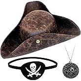 Tepoobea Pirate Hat Costome Accessories for Women Men - Faux Leather Pirate Hats for Woman, Eye Patch & Necklaces - Halloween Tricorn Hat Brown Vintage Wrinkle Distressed