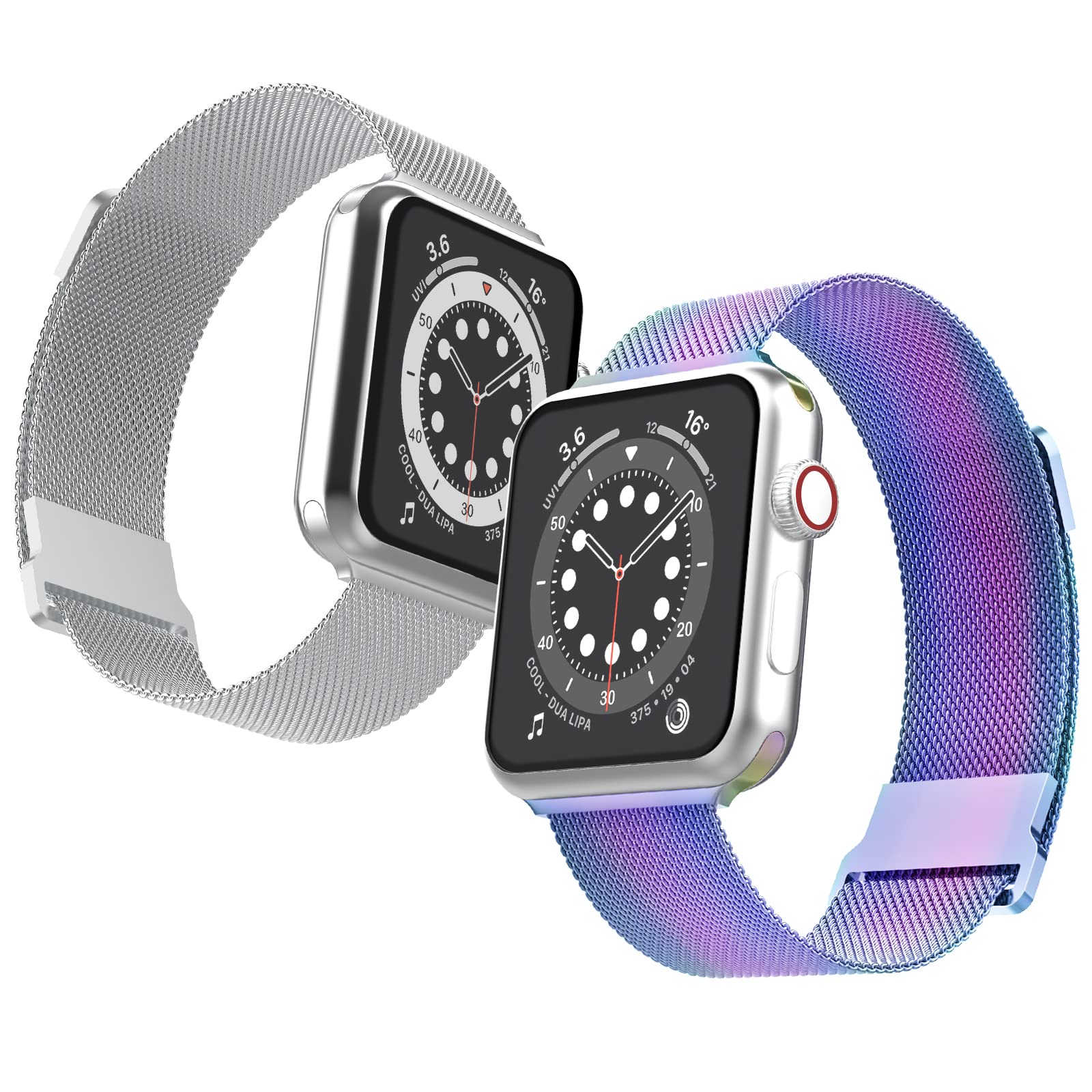 Biuupa Metal Straps Compatible With Apple Watch 42mm 40mm 45mm for Women and Men, Breathable Stainless Steel Mesh Band with Adjustable Magnetic Clasp for iWatch 7 6 5 4 3 2 1 SE- Rainbow + Silver