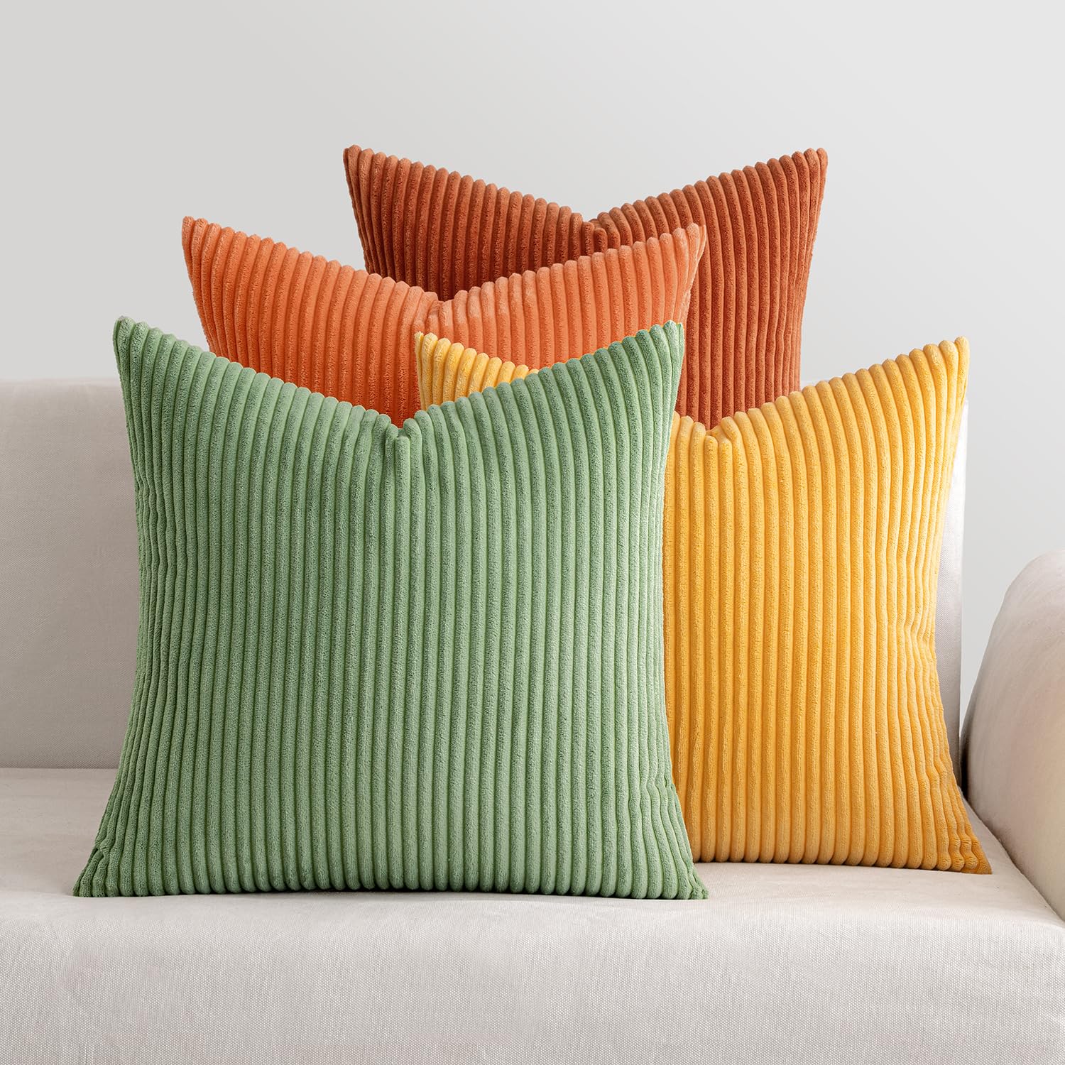 MIULEE Corduroy Cushion Covers Soft Decorative Square Throw Pillow Covers Cushion Soft Pillowcase Striped Pack of four for Home decor Sofa 40cm x 40cm,16x16 Inches Orange green series — image 1