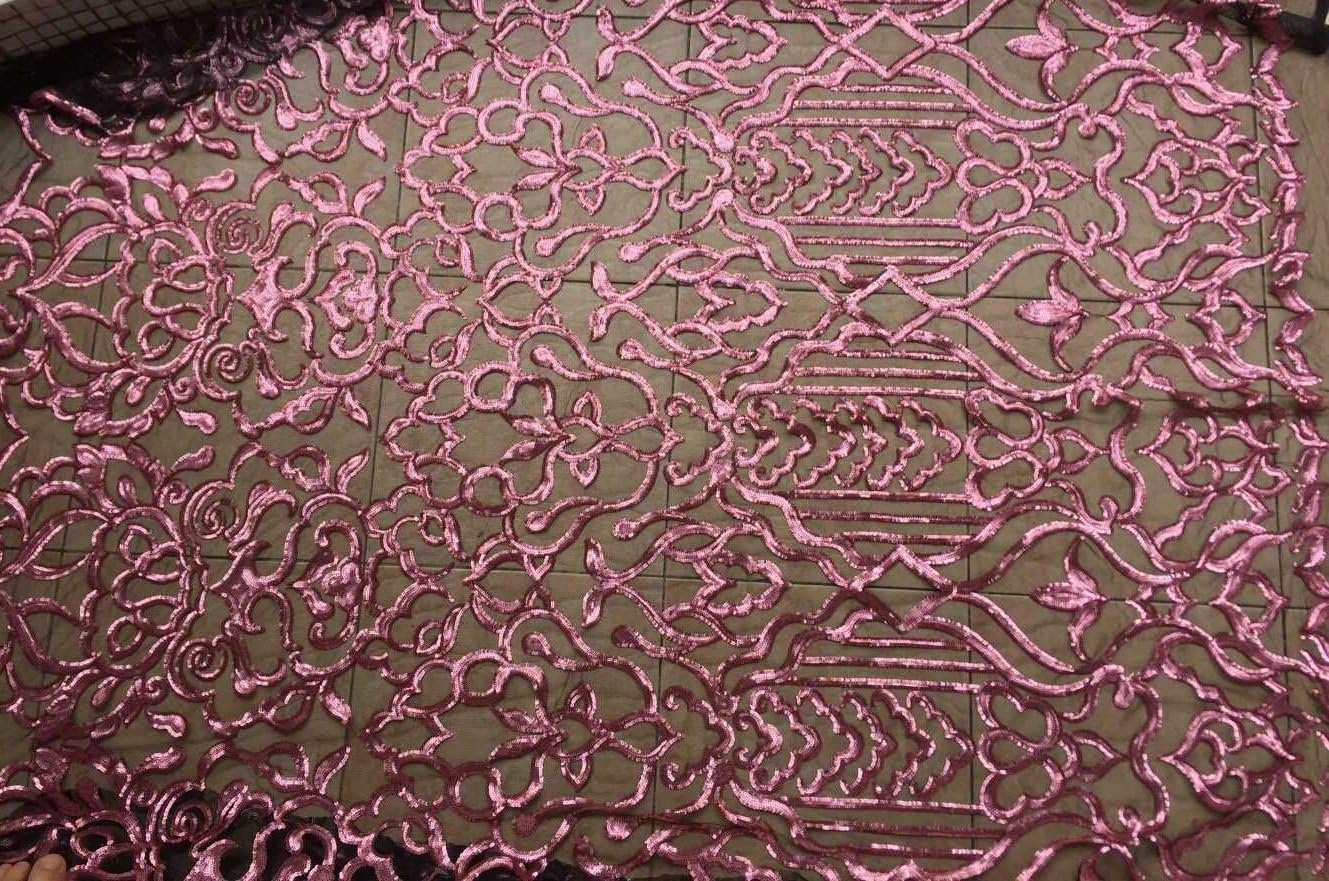 Light pink Sequins on Black Netting Embroidered Show/evening/stage Dress Fabric 51 Inches Width By the Yard
