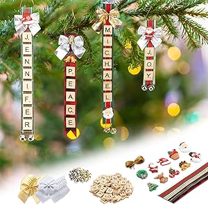 Christmas Ornaments Tree Decorations Personalized Scrabble Crafts for Girls Adults Kids Kit DIY Ribbon Letter Tiles Bells Rustic Stockings Name Tags Hanging Xmas Decor for Gifts Wreath Room Holiday