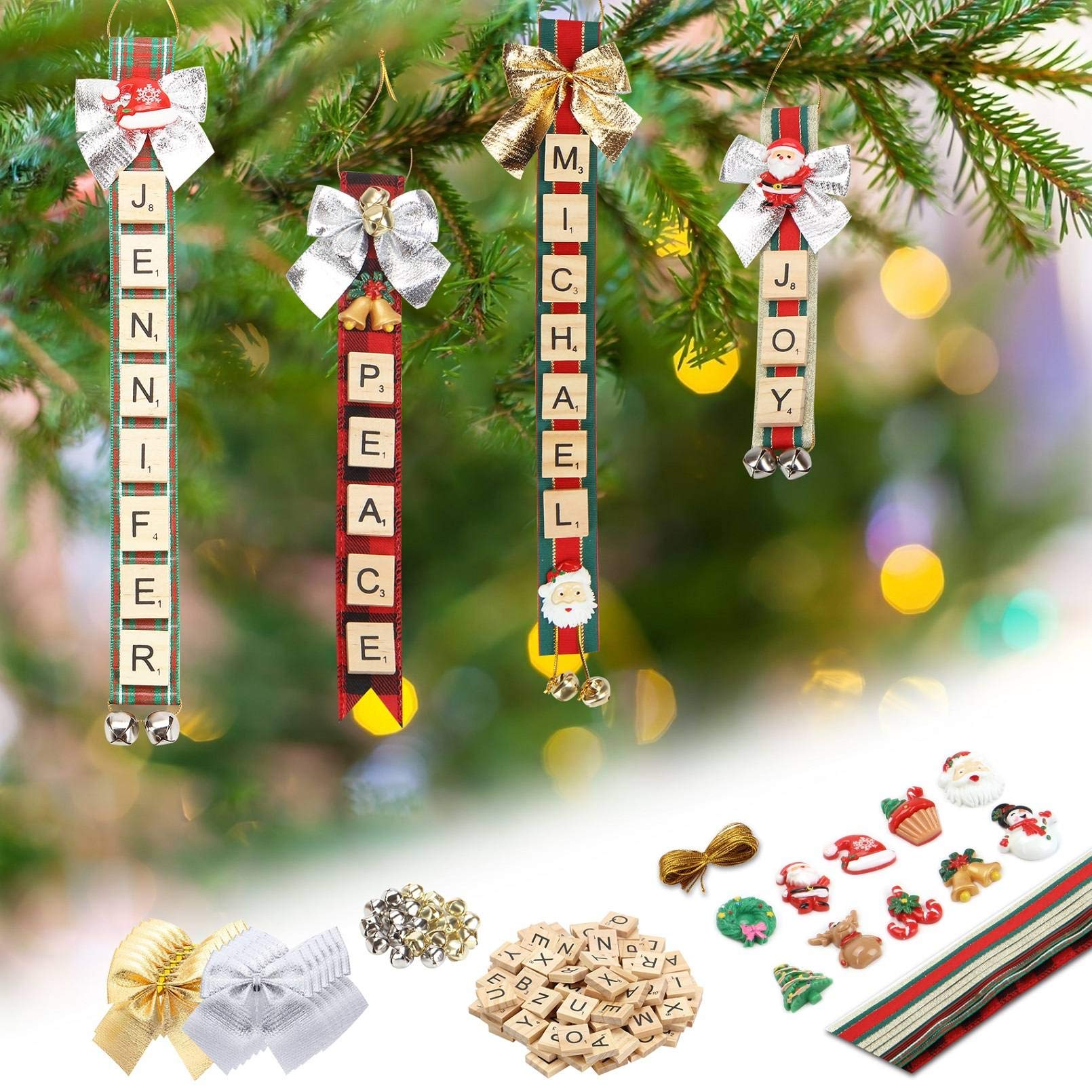 Christmas Ornaments Tree Decorations Crafts for Girls Adults Kids Kit DIY Personalized Gift Ribbon Scrabble Tiles Bells Rustic Hanging Pendant Decor Indoor