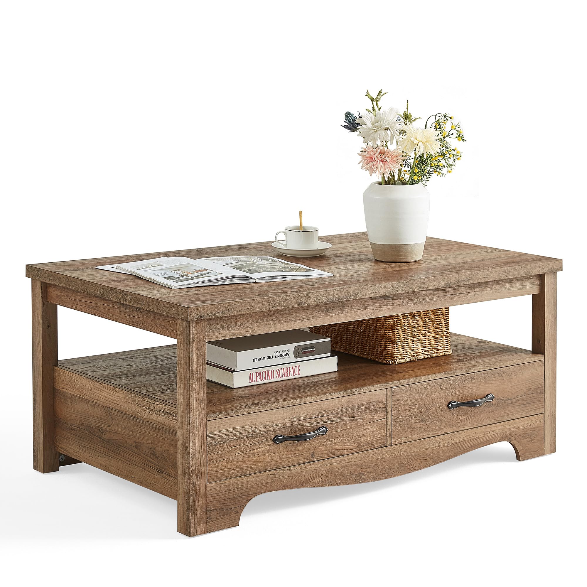 Photo 1 of *** PARTS ONLY *** LINSY HOME Farmhouse Coffee Table with Storage, Wood Coffee Table for Living Room, Open Display Area and Storage Drawers with Metal Handles, Chic Style with Curved Base, Brown