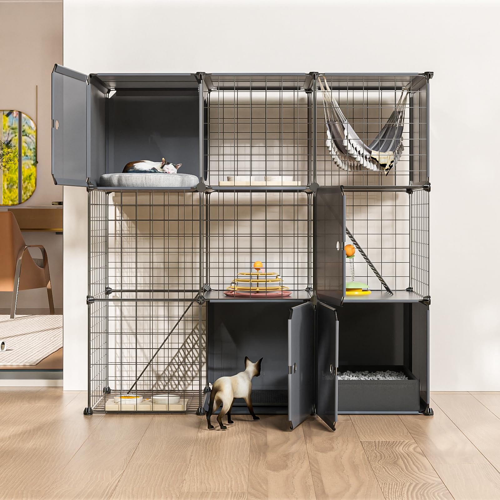 Photo 1 of 3-Tier Large Cat Enclosure Indoor & Outdoor with Litter Box, Detachable Multifunctional Catio Playpen - DIY Metal Wire Kennel Cage for Cats