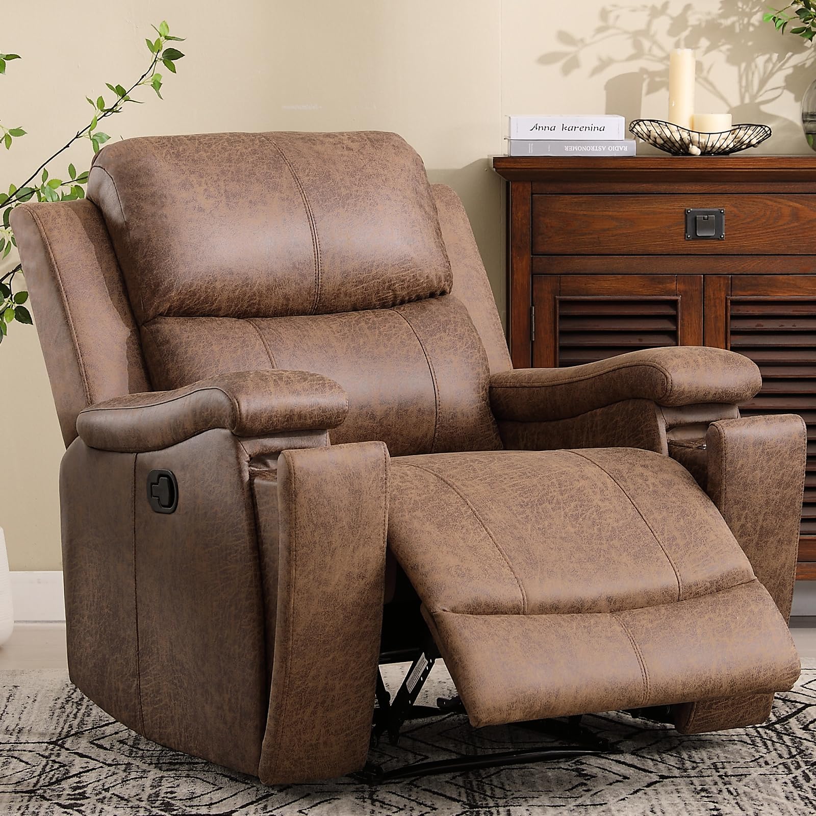Photo 1 of **The photo and description are for reference only.**CANMOV Leather Recliner Chair, Classic and Traditional Manual Recliner Chair with Overstuffed Arms and Back, Manual Single Sofa with Concealed Cup Holders,Nut Brown