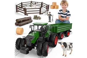 HRZPACT 8-Wheels Tractor Toys with Trailer, Animal Farm Toy Toddler Playset with Fence,Farmer,Tree,Cow, Farm Animals Toy Truck Vehicle Set for Kids 3-12 Years Old Boys Girls Birthday Gift