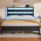 Furnulem Queen Bed Frame with Storage Headboard and LED Lights, Metal Bedframe with Charging Station and USB Port, Queen Size Platform Bed with Heavy Duty Slats, No Box Spring Needed, Black Oak