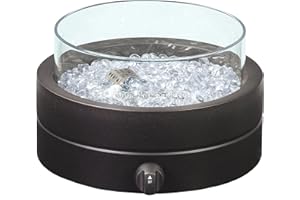 Amazon Basics 14-Inch Round Propane Fire Pit, 9000 BTU Portable Tabletop Fireplace with Glass Stones, Umbrella Hole Compatible for Outdoor Patio Tables & Camping, Brown