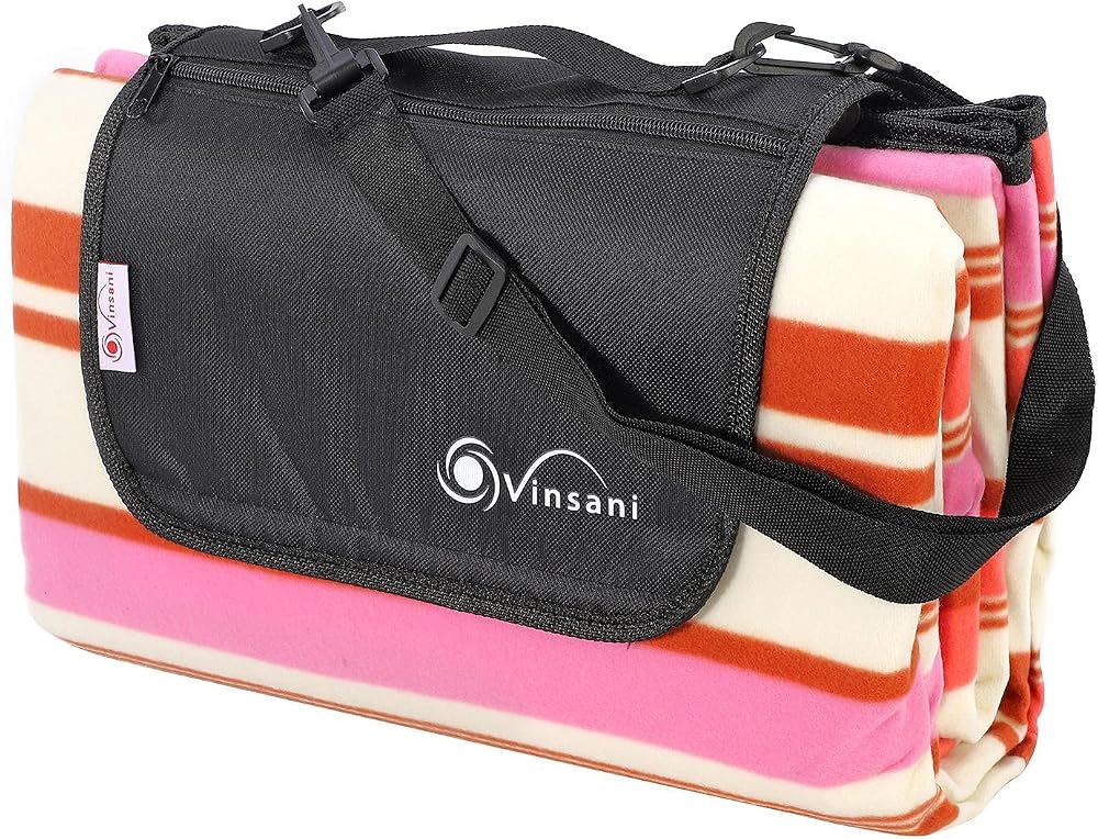 Vinsani Foldable Picnic Blanket 260 x 220 cm Pink Stripe Indoor Outdoor