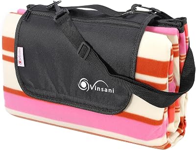 Vinsani Foldable Picnic Blanket 260 x 220 cm Pink Stripe Indoor Outdoor
