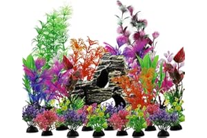 PietyPet Aquarium Decorations Plants with Rockery View, 25pcs Aquarium Decor Plants and Rock Cave Hideout Ornaments, Fish Tank Accessories, Fish Tank Plants Plastic Decoration for Aquariums