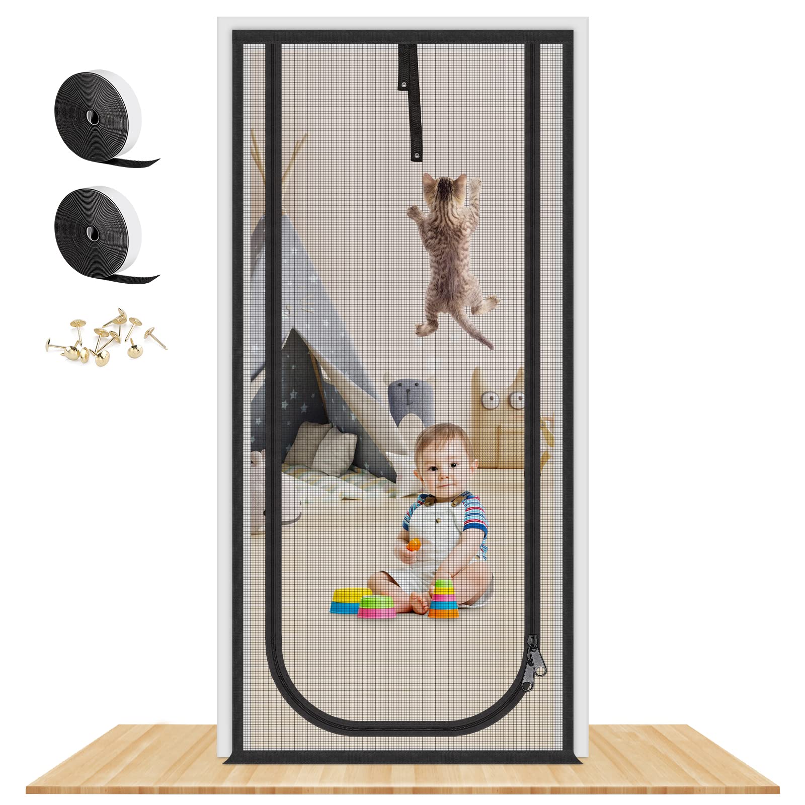 Photo 1 of Upgraded Reinforced Cat Screen Door, 32X82” Heavy Duty Pets Proof Screen Door with Two Way Zips, Prevent Dogs Cats Running Out from Home, Bedroom, Living Room, Kitchen Patio Door
