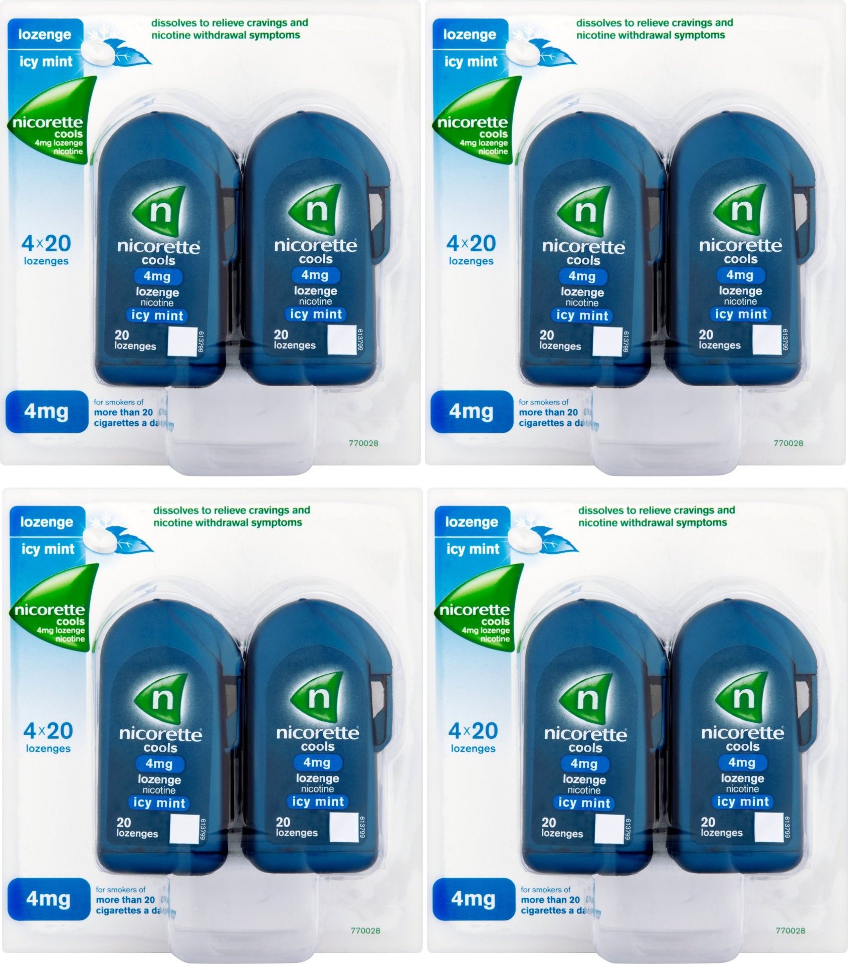 4 x 80 = 320 Nicorette Cools 4mg Nicotine Lozenges Icy Mint