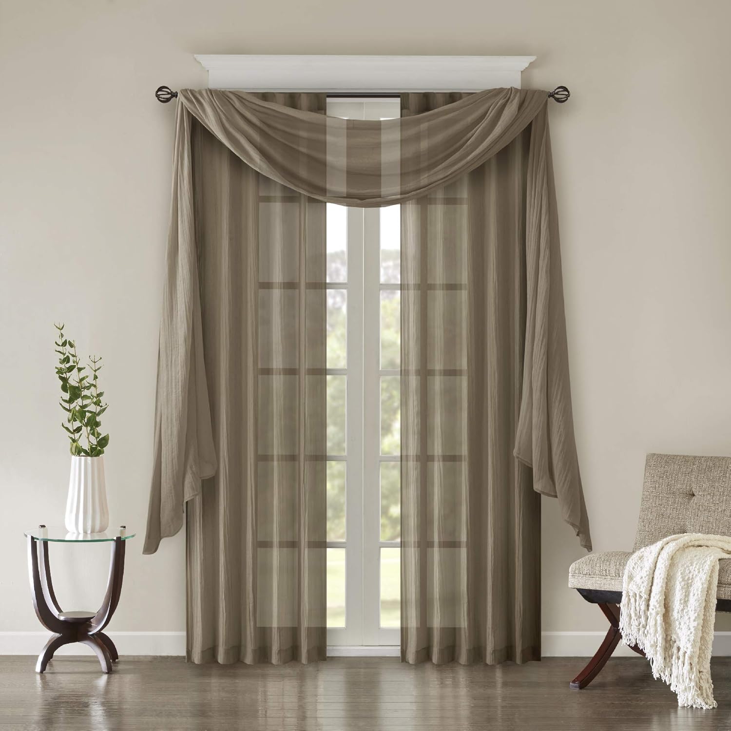 Madison Park Harper Sheer Bedroom, Modern Contemporary Window Curtain for Kitchen, Solid Fabric Panels, 42" x 216", Taupe: Home & Kitchen