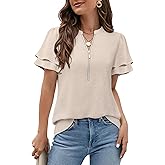 Gaharu Womens Dressy Casual Shirts Ruffle Short Sleeve Zipper V Neck Tops Work Business Office Blouse