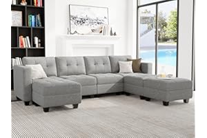Belffin Modular Storage U-Shape Sectional Sofa Couch with Reversible Chaises 7-seat Sofa with Storage Seat Modular Sectional Sofa Set with Ottomans Modern Fabric Light Grey