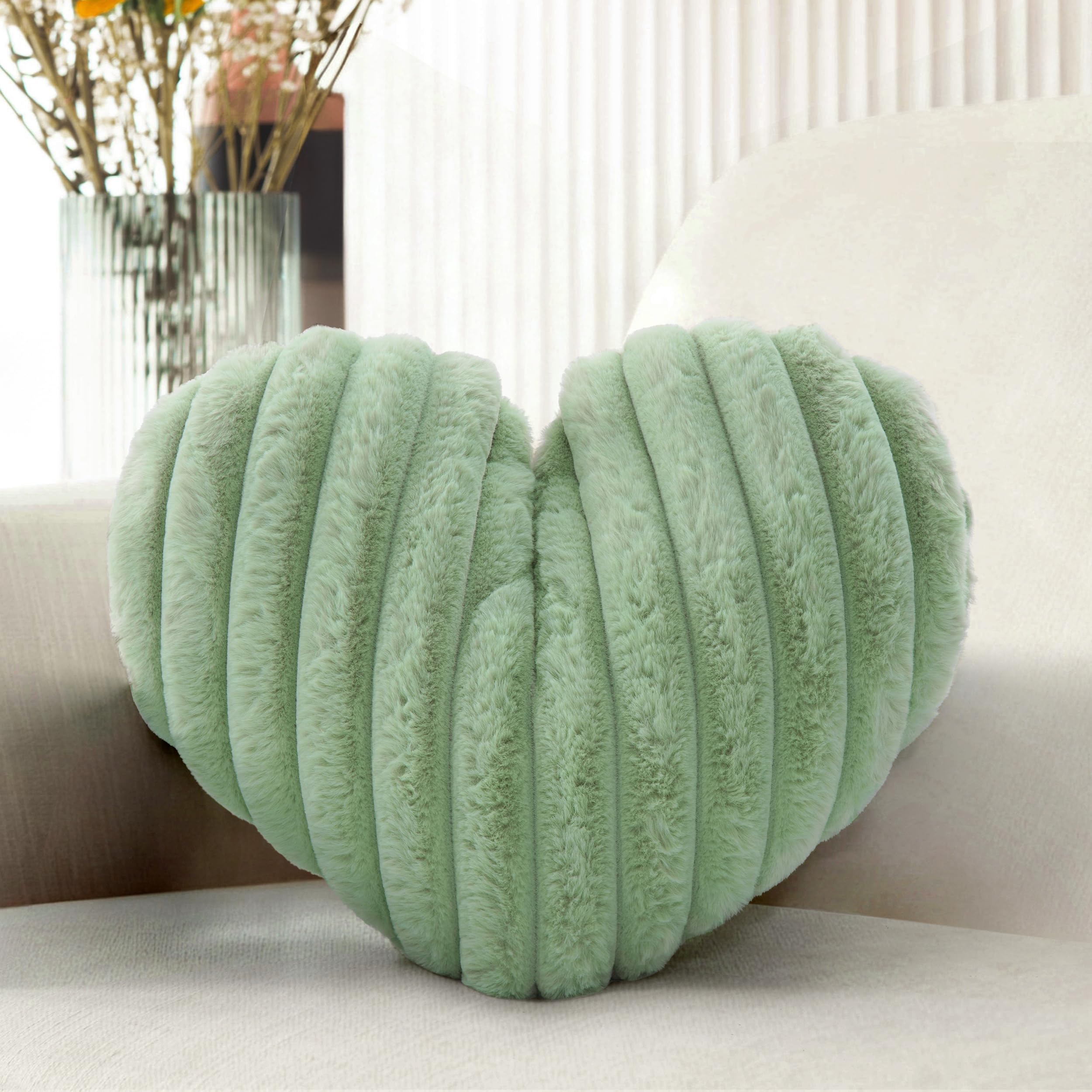 Photo 1 of 16 Inch Sage Green Heart Pillow Cute Decorative Throw Pillows, Heart Shaped Soft Fluffy Faux Fur Pillows Cushions for Couch Chair Bed Bedroom Room Home Decor Aesthetic (1, Green, Medium-16"x13")