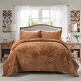Travan Luxury Velvet Quilt Set Queen Size, Lightweight Velvet Comforter Set, Soft Warm Queen Quilt Bedding Set, Oversized Bedspread Coverlet with 2 Shams for All Season, Golden Camel