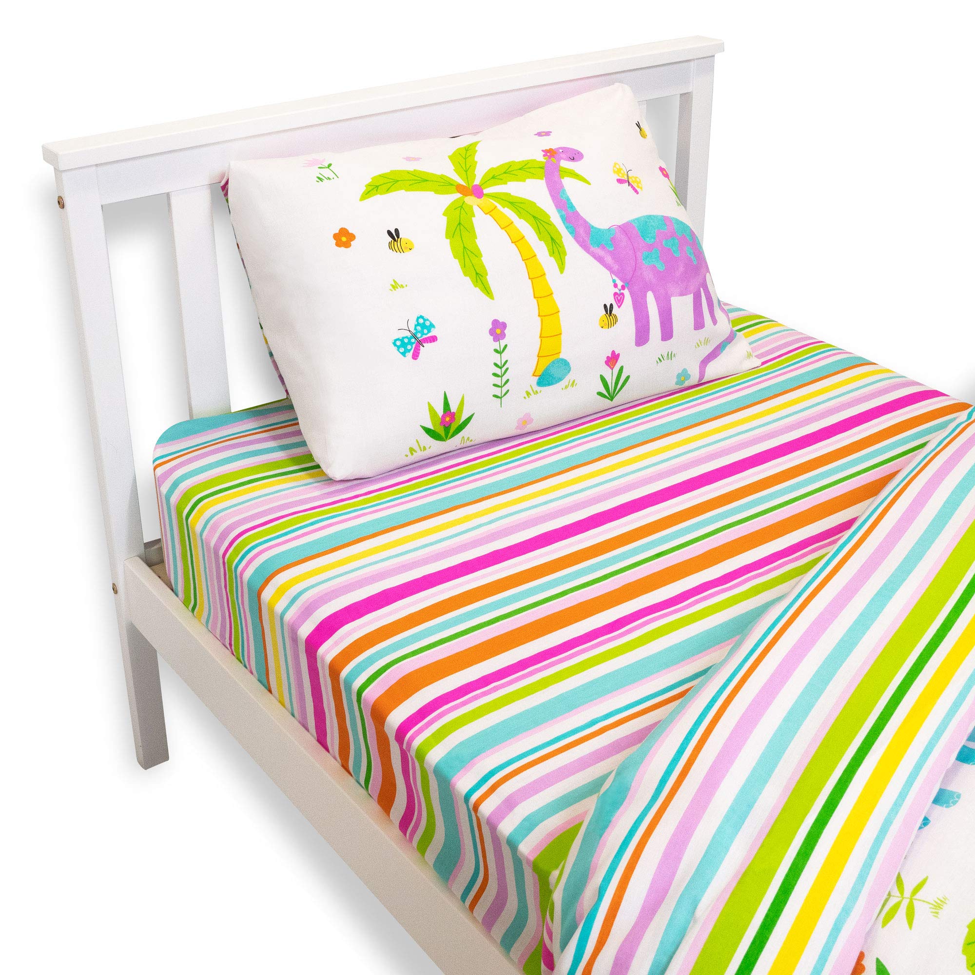 Happy Linen Company Girls Kids Dinosaur Park Jurassic Pink T-Rex Dino Stripes White Single Fitted Sheet Bedding