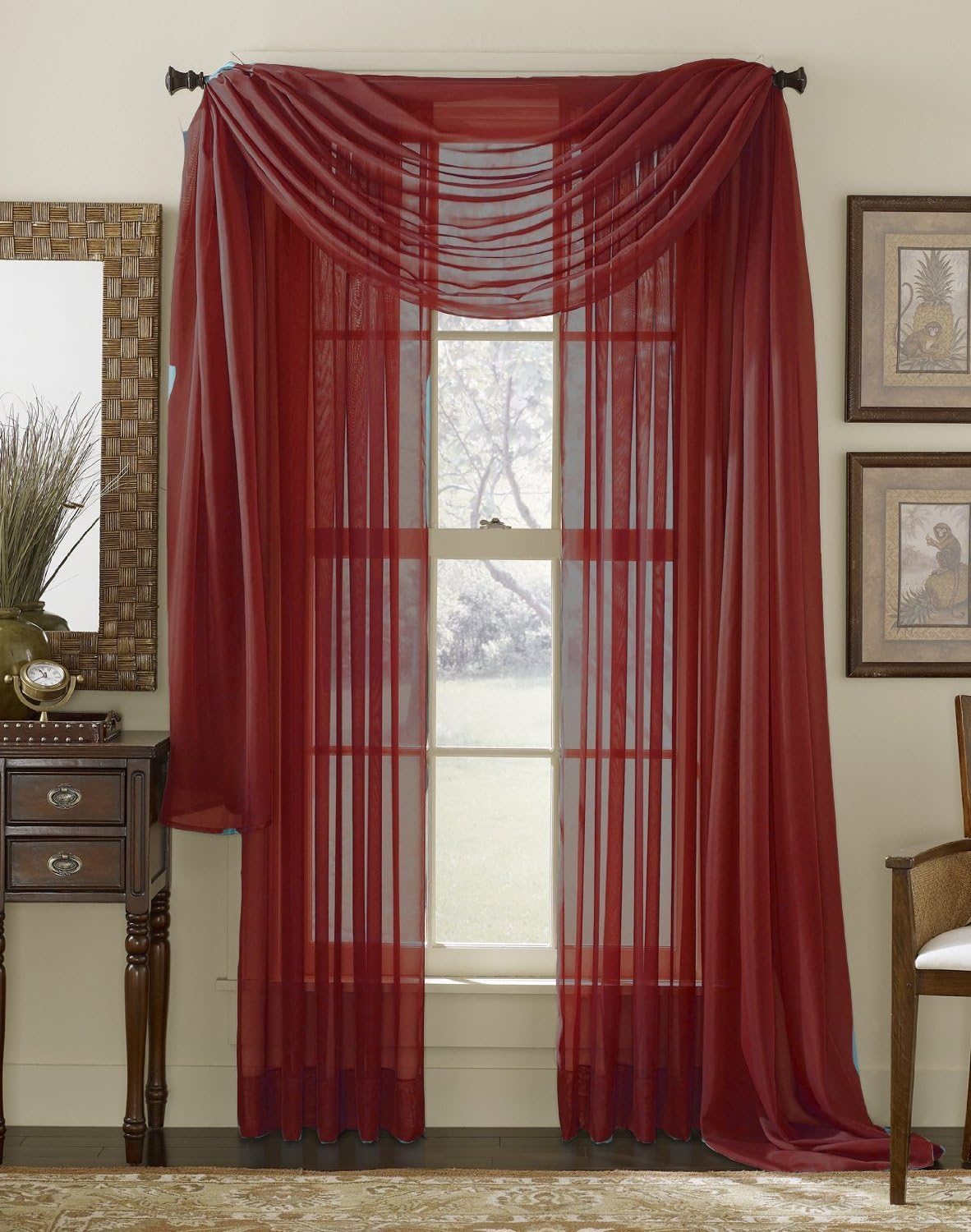 Amazon Com 3 Piece Burgundy Sheer Voile Curtain Panel Set 2
