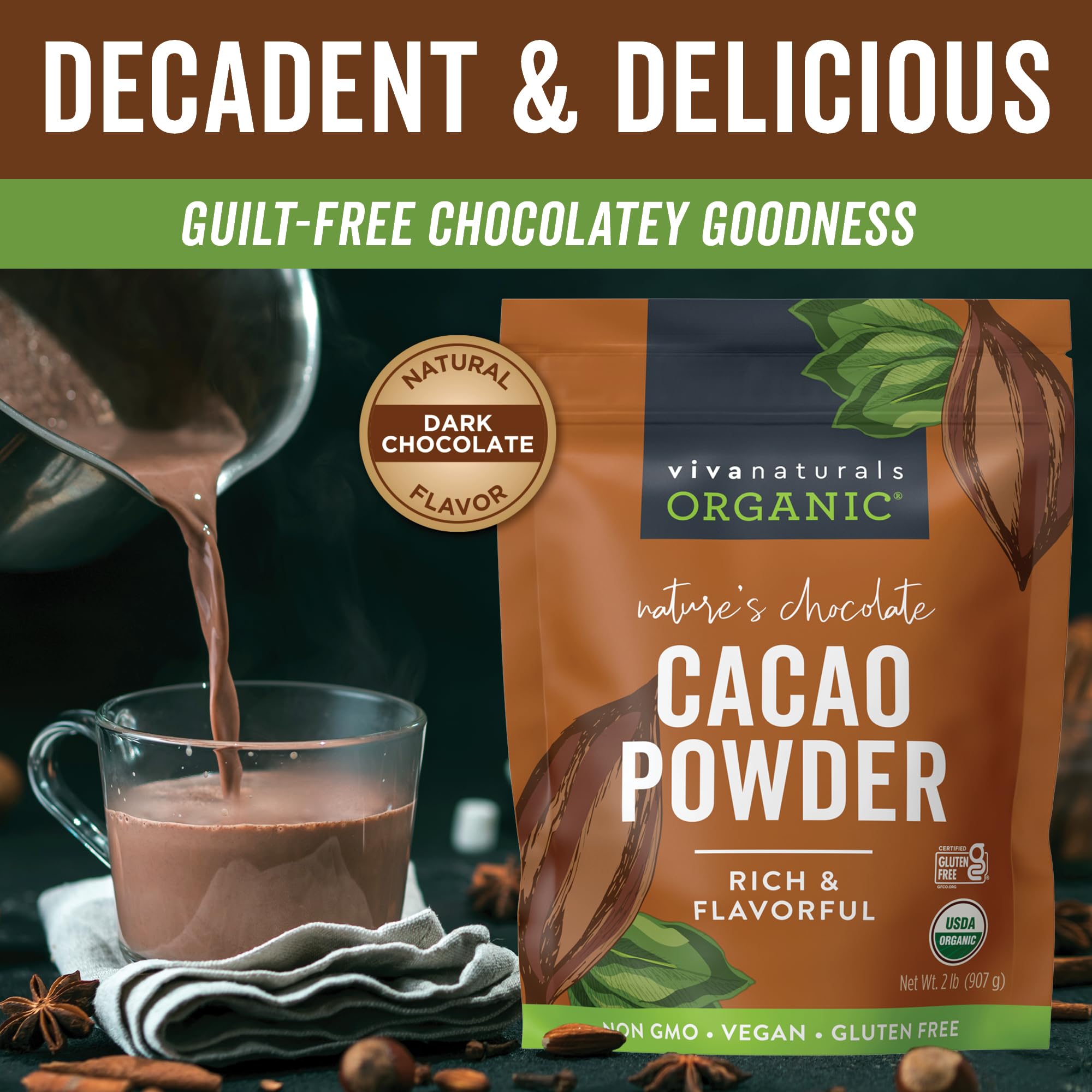 Viva Naturals Organic Cacao Powder, 2lb - Unsweetened Cocoa Powder With Rich Dark Chocolate Flavor, Perfect for Baking & Smoothies - Certified Vegan, Keto & Paleo, Non-GMO & Gluten-Free, 907 g